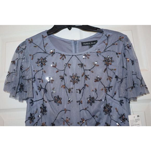 Papell Studio Women's Sz 10 Dusty Blue Flutter-Sleeve Embellished Long Gown $179 - Picture 3 of 11